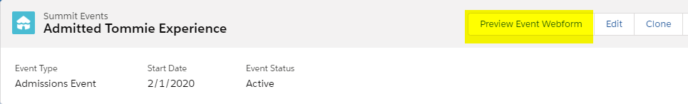 The "Preview Event Webform" button