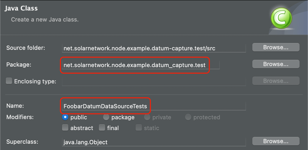 Eclipse create new test class dialog