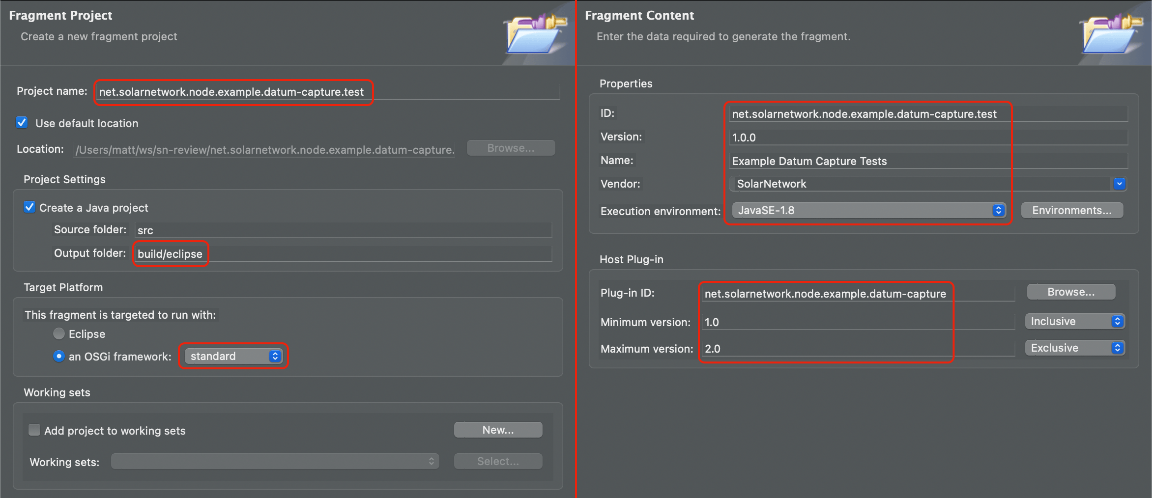 Eclipse dialogs for creating new test fragment plug-in project