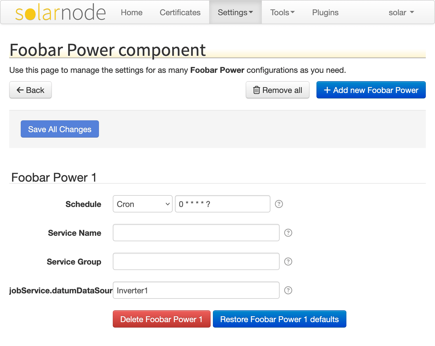 Foobar component configuration screen in the SolarNode GUI