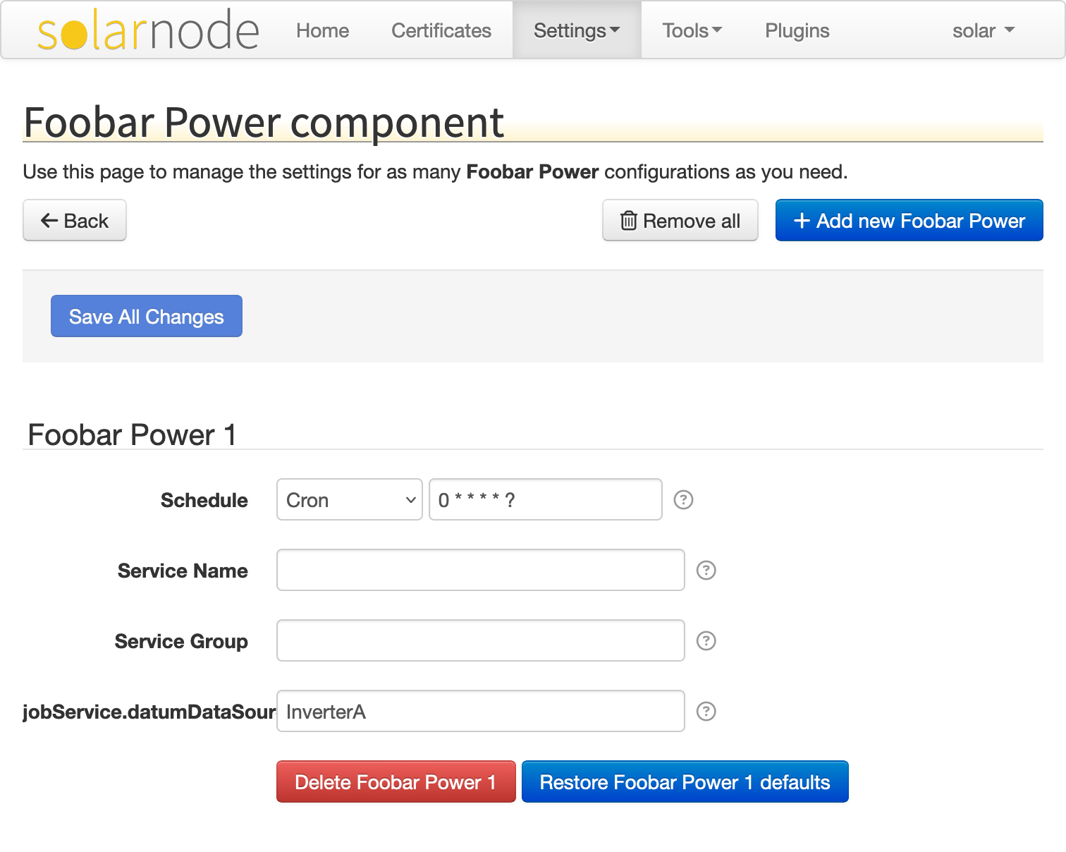 Foobar component configuration screen in the SolarNode GUI