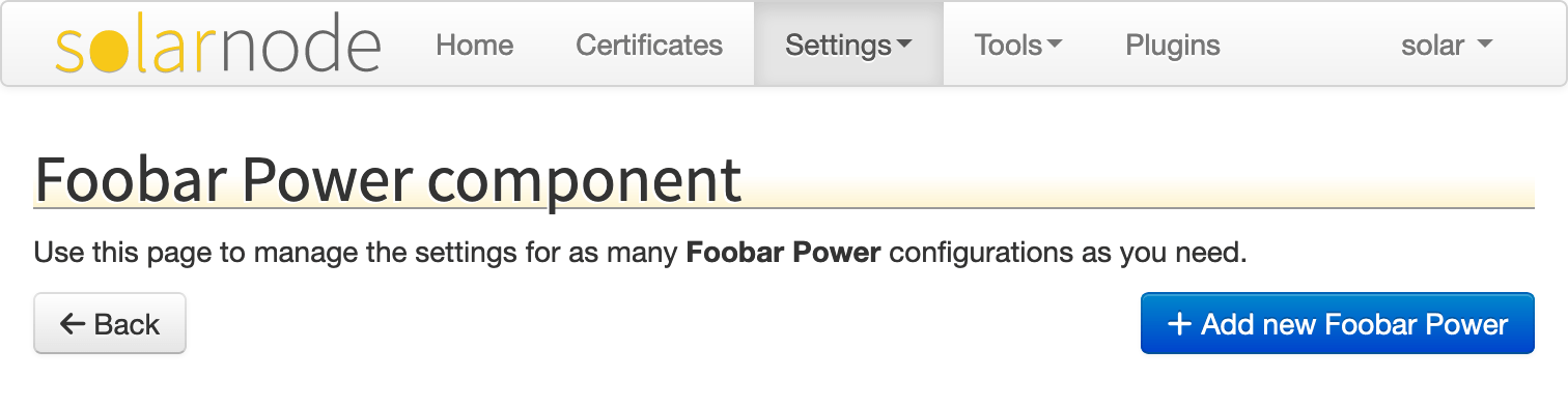 Foobar component shown on main settings screen in the SolarNode GUI