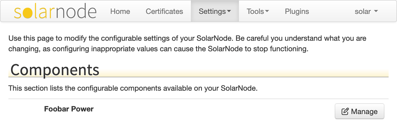 Foobar component shown on main settings screen in the SolarNode GUI