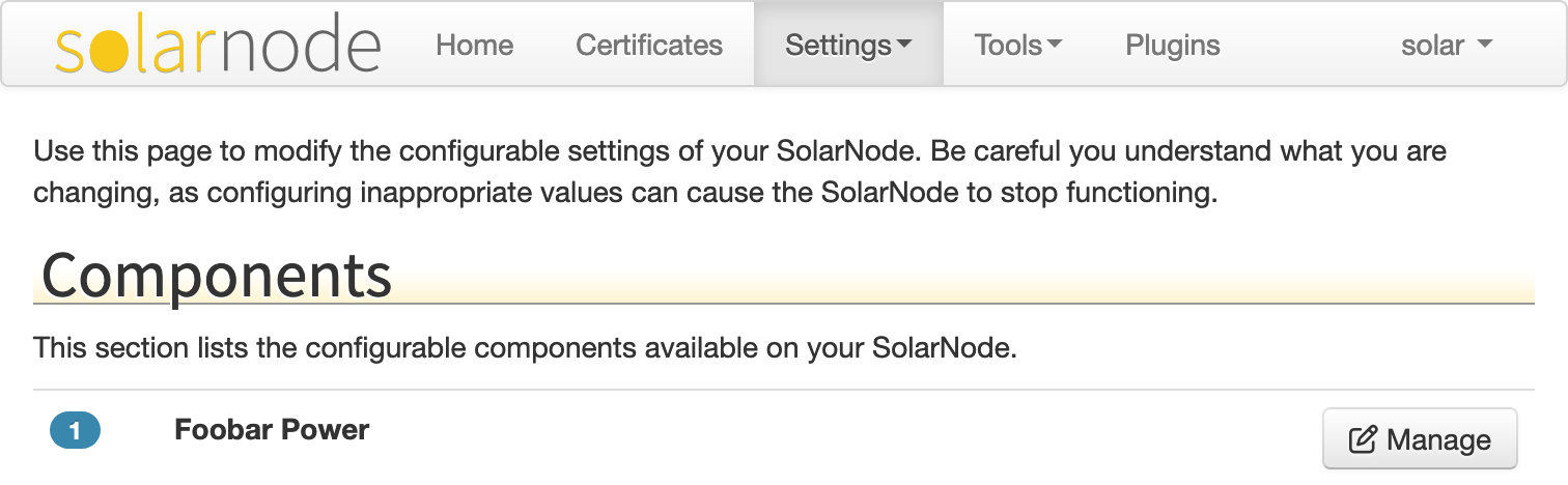 Foobar component shown on main settings screen in the SolarNode GUI