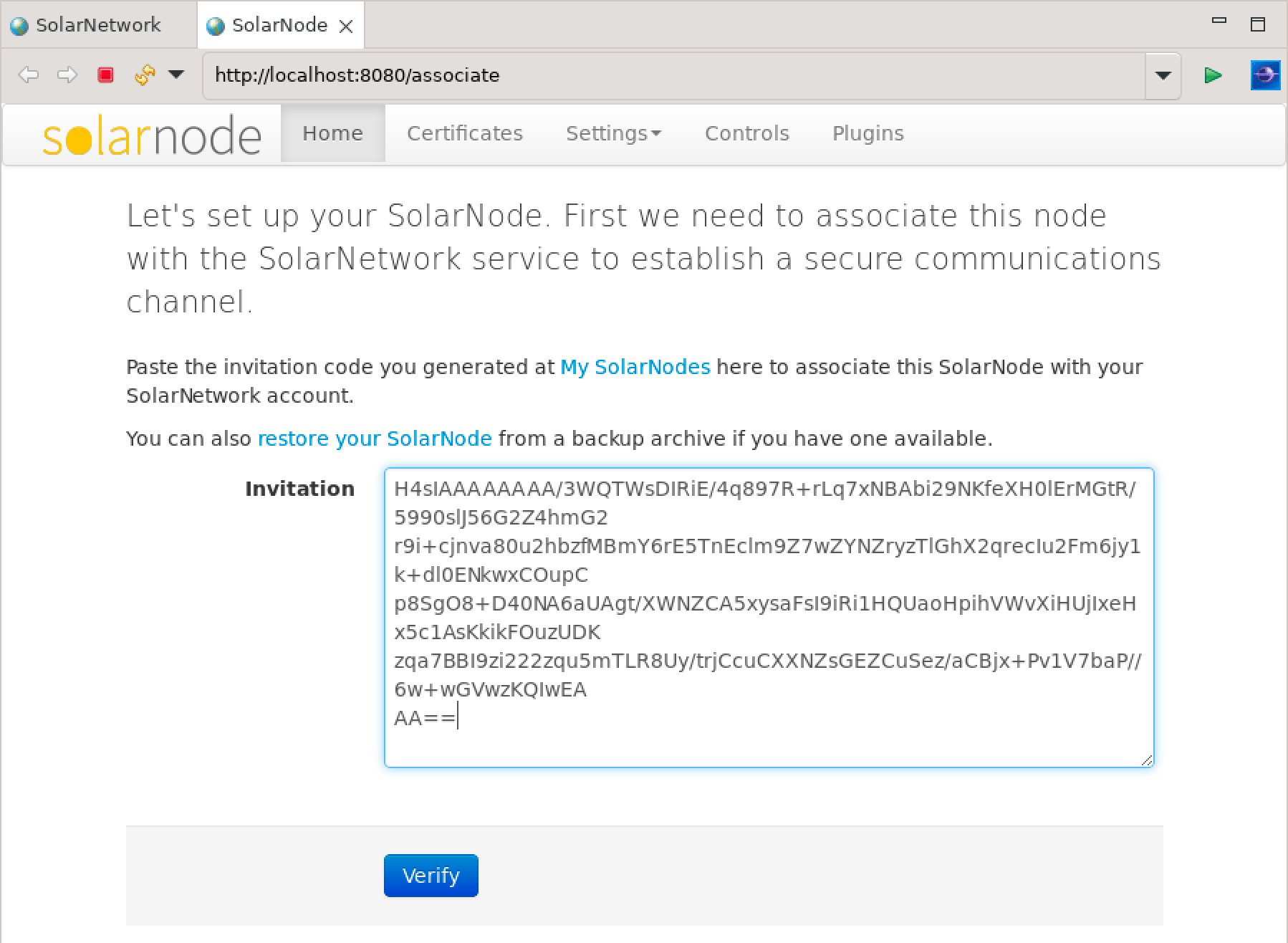 Screen shot of SolarNode association form