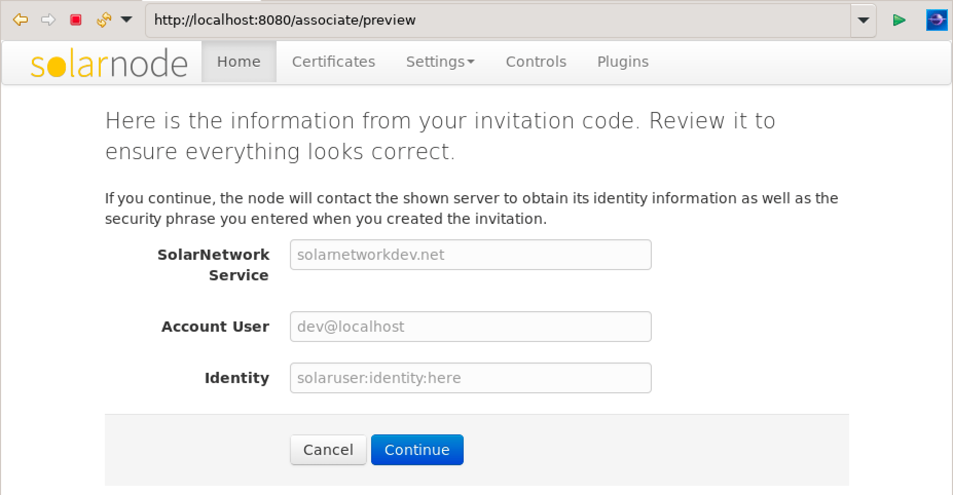 Screen shot of SolarNode association verification