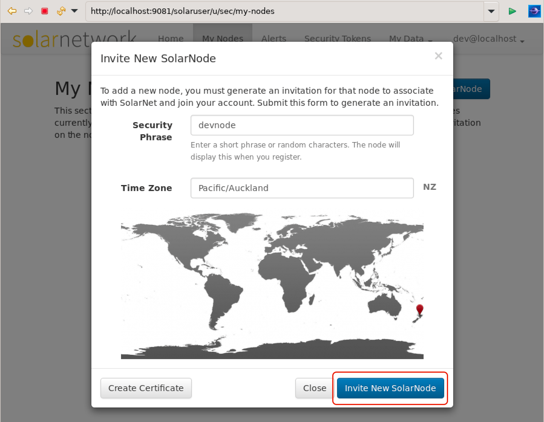 Screen shot of SolarUser node invitation form