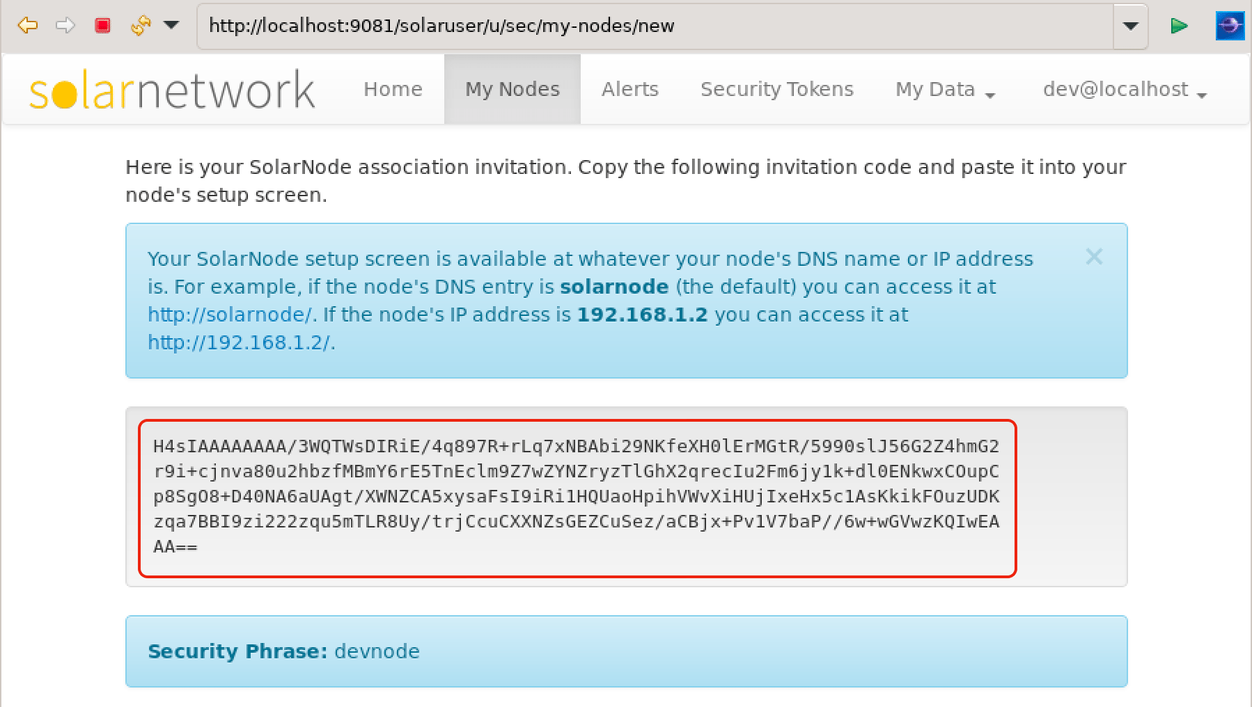 Screen shot of SolarUser node invitation