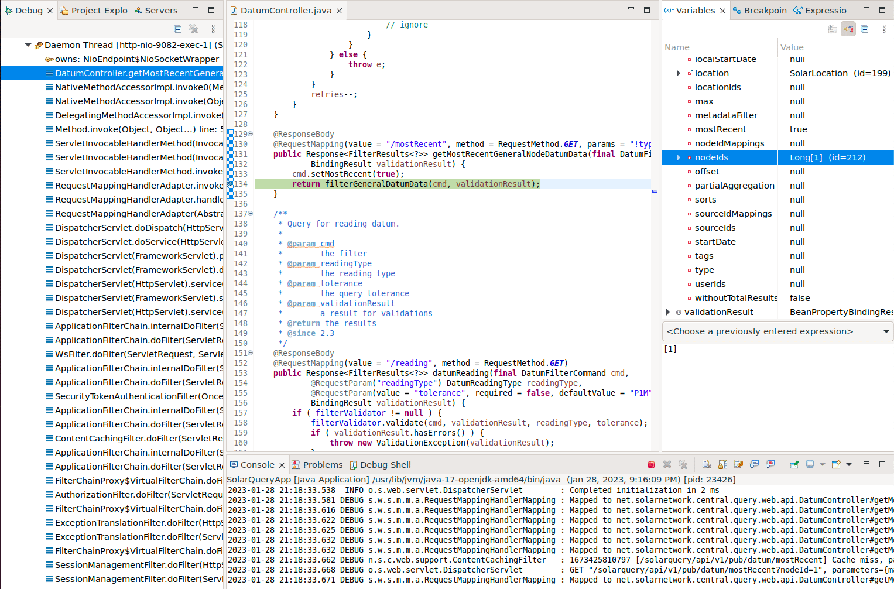 Screen shot of debugging SolarQuery in Eclipse