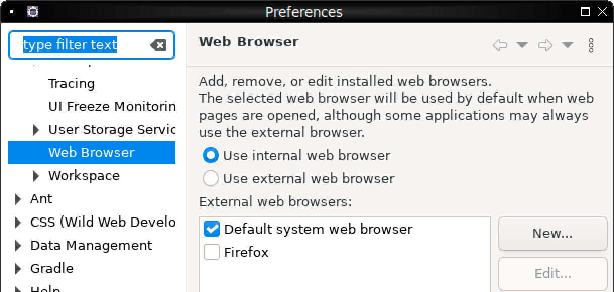 Screen shot of Eclipse web browser settings