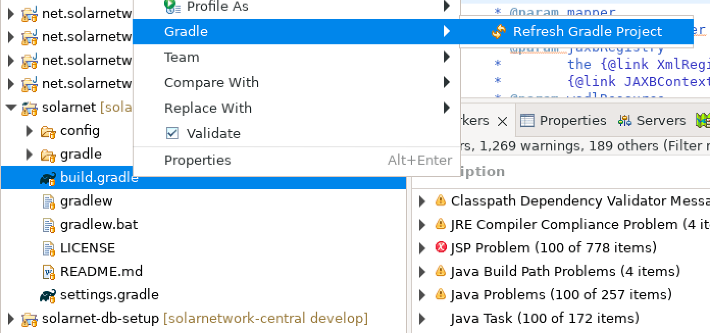 Screen shot of refreshing the solarnet Gradle project