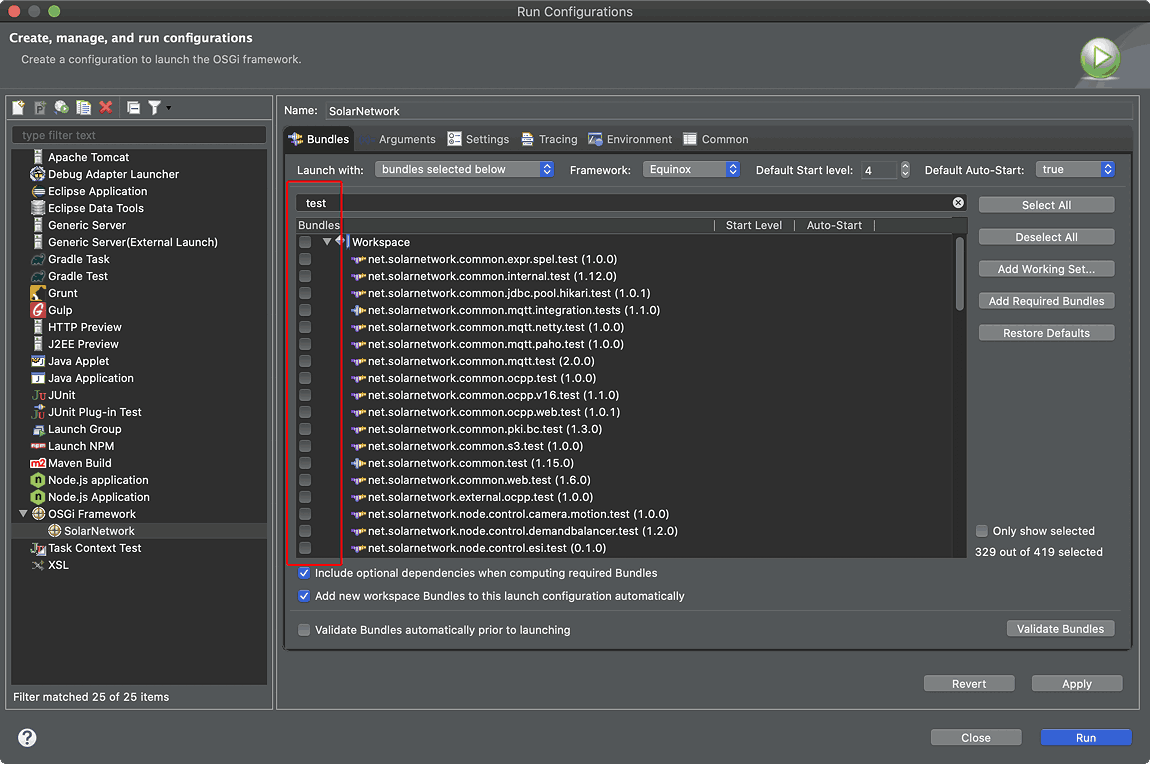 Disabling test bundles from launch configuration