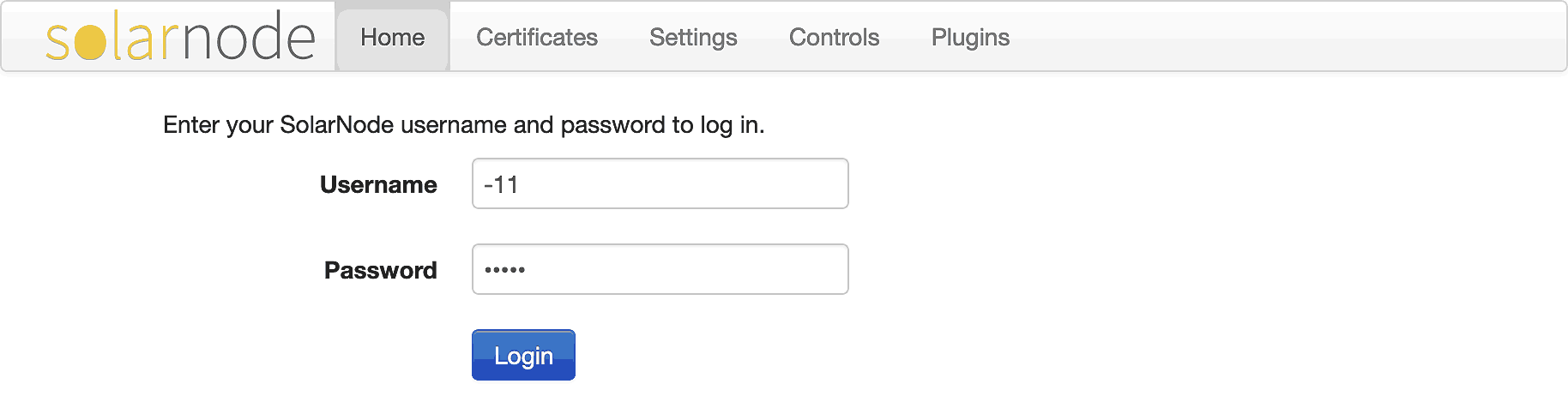 SolarNode developer login screen