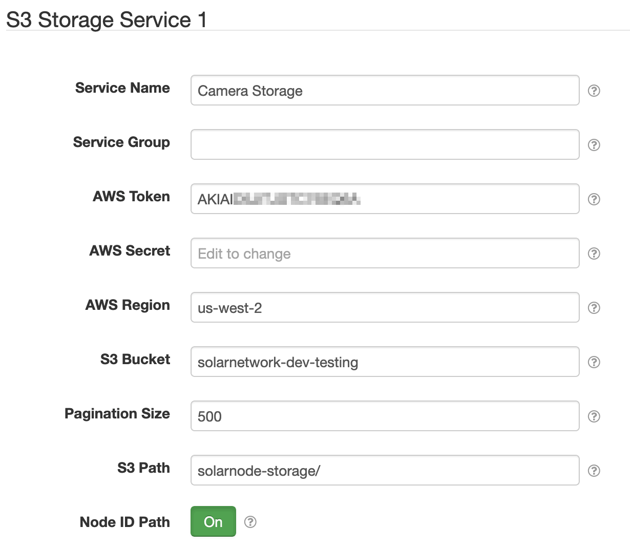 S3 Storage Service SolarNode settings