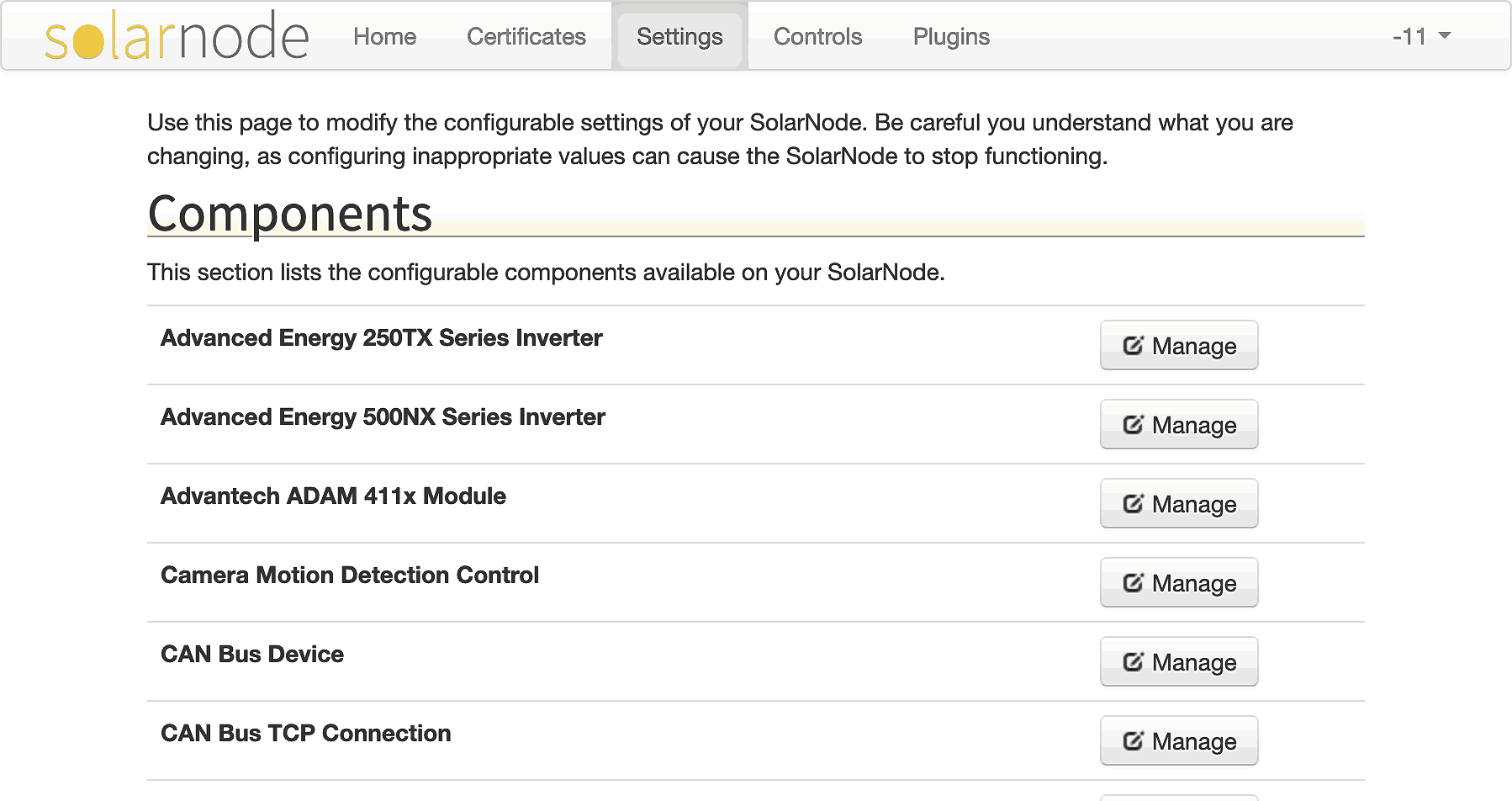 SolarNode settings screen