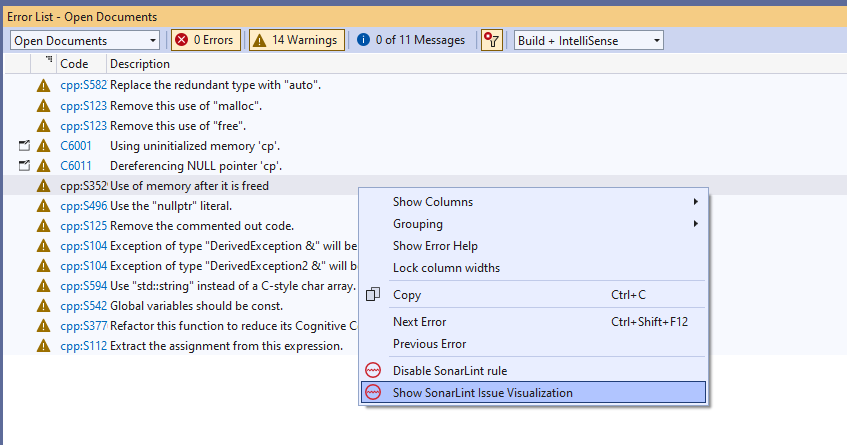 Issue Visualization Error List context menu screenshot