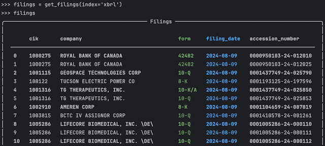 List XBRL filings