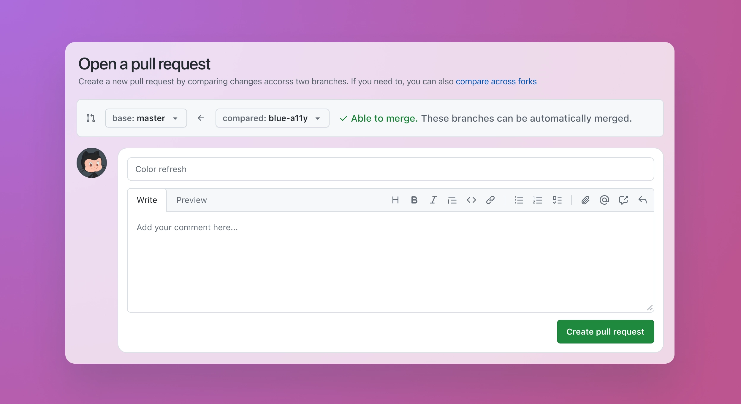 Screenshot of the 'Open a pull request' interface on GitHub, showing a comparison between the 'master' and 'blue-a11y' branches. The pull request title is 'Color refresh,' with an area for adding comments and a button to 'Create pull request. The background has a pink-to-purple gradient.