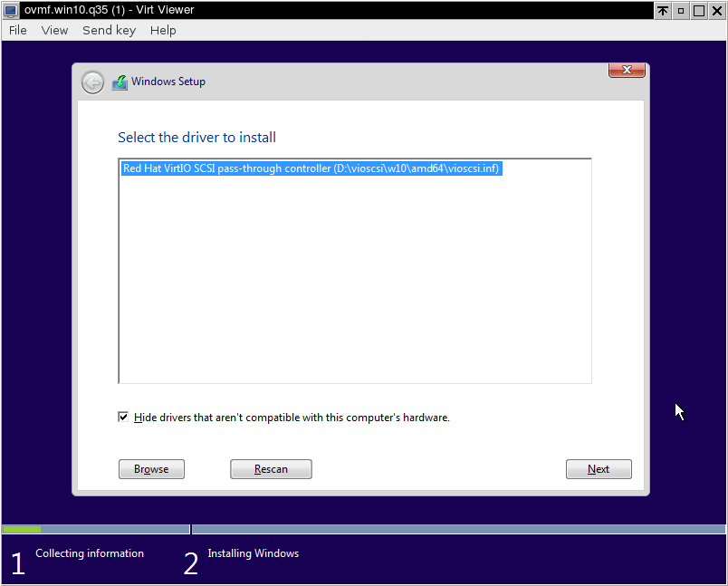 selecting the VirtIO SCSI driver for Windows 10 during install