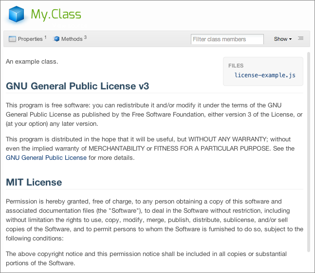 Screenshot of Markdown-parsed @license tag rendering