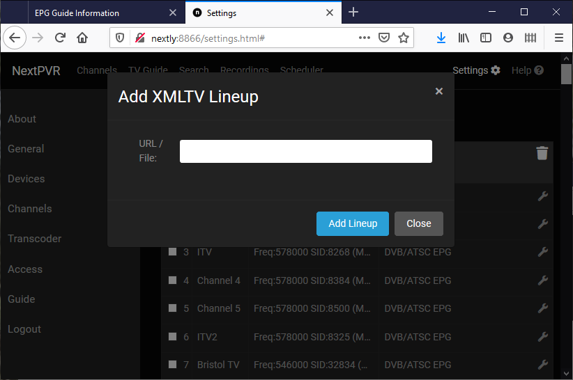 add xmltv lineup