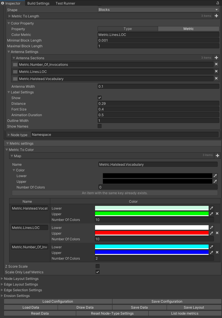 Configuring metrics in the inspector of a code city